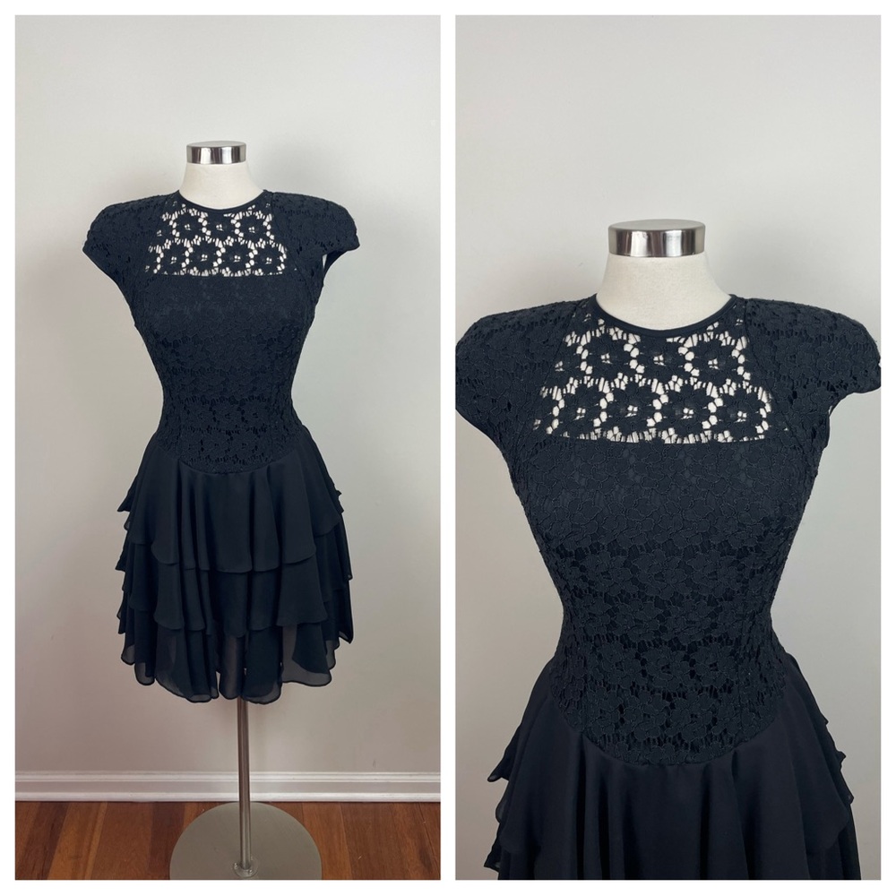 Late Edition Vintage Black Lace Ruffle Dress Women Size 6 Party Cocktail Glam